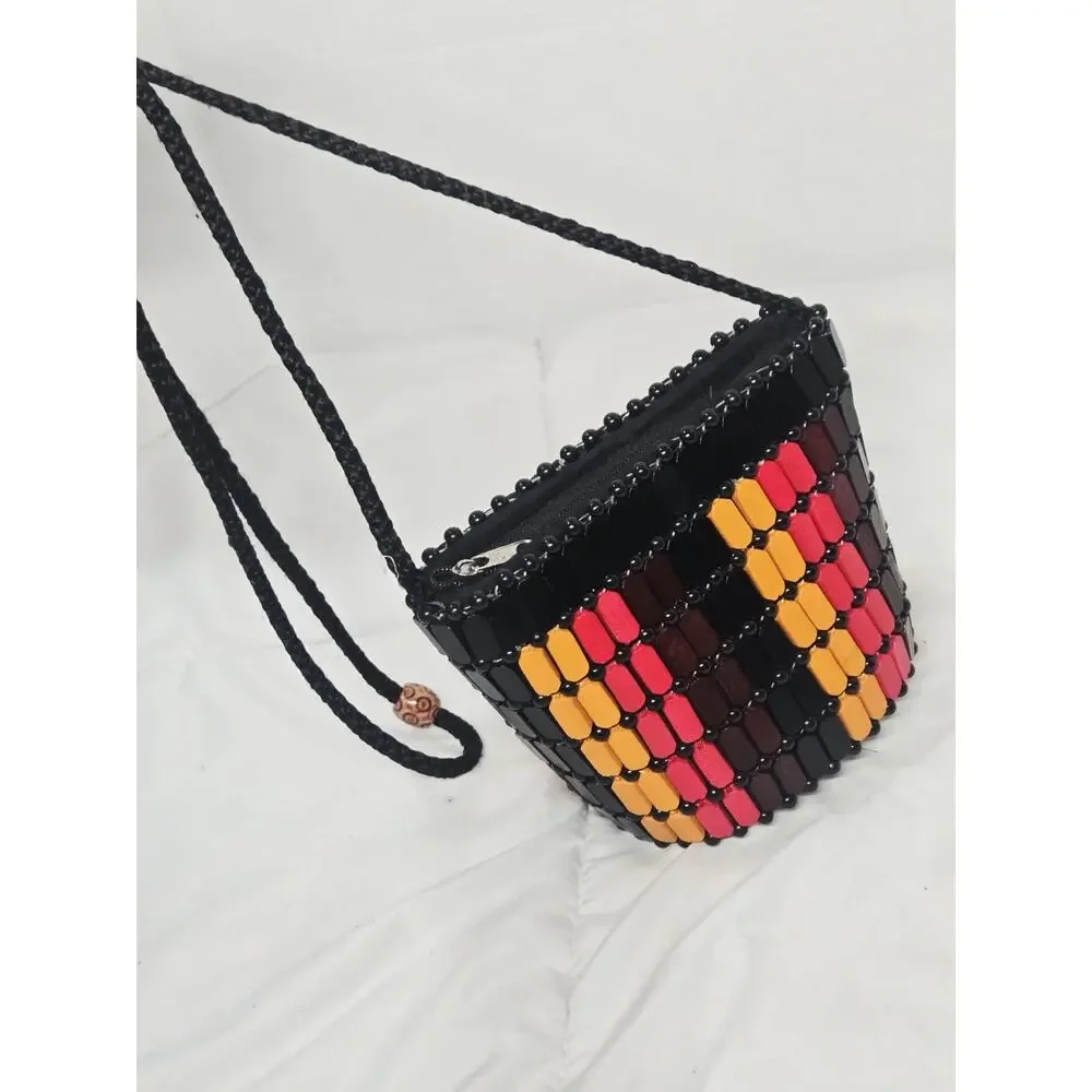 BOHO African Wooden Bead Black Bucket Shoulder Bag Indie Retro Coastal Rasta